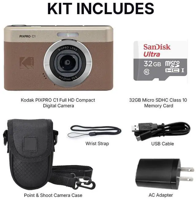 Alt view image 5 of 7 - Kodak PIXPRO C1 Digital Camera, 13MP Compact Point & Shoot, 2.8 180° Flip LCD Screen, 26mm Wide Angle Lens, 4X Digital Zoom, 1080P Full HD Video, Brown + Camera Case & 32GB Micro SD Card
