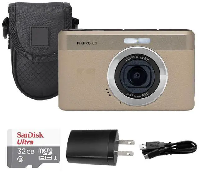 Main image of Kodak PIXPRO C1 Digital Camera, 13MP Compact Point & Shoot, 2.8 180° Flip LCD Screen, 26mm Wide Angle Lens, 4X Digital Zoom, 1080P Full HD Video, Tan + Camera Case & 32GB Micro SD Card