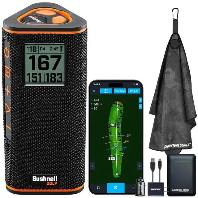 Main image of Bushnell Golf Wingman View GPS Speaker | LCD Screen, Magnetic Mount, Music & Audible Distances for 36,000+ Courses, Wireless Remote, 36-Hole Battery, Hazard Info, Signature Series Power Bundle