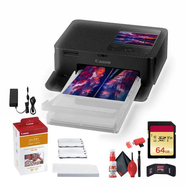 Main image of SELPHY CP1500 Compact Photo Printer Accessory Wallet (Black) Bundle | For Home & Office Printing + 64GB Memory Card + Cleaning Kit + Card Reader + RP-108 Color Ink and Paper Set (5539C001)
