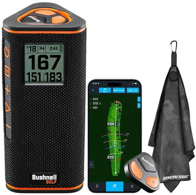 Main image of Bushnell Golf Wingman View GPS Speaker | LCD Screen, Magnetic Mount, Music & Audible Distances for 36,000+ Courses, Wireless Remote, 36-Hole Battery, Hazard Info, Signature Series Golf Towel