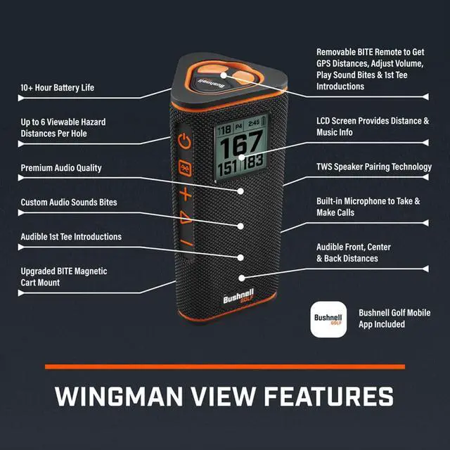 Alt view image 2 of 7 - Bushnell Golf Wingman View GPS Speaker | LCD Screen, Magnetic Mount, Music & Audible Distances for 36,000+ Courses, Wireless Remote, 36-Hole Battery, Hazard Info, Signature Series Golf Towel