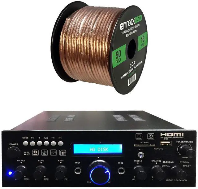 Main image of 200 Watt Peak Power Compact Wireless Bluetooth USB FM Radio Home Theater Stereo Amplifier Receiver System Bundle Combo with 16 AWG Gauge 50 Feet Speaker Wire Cable
