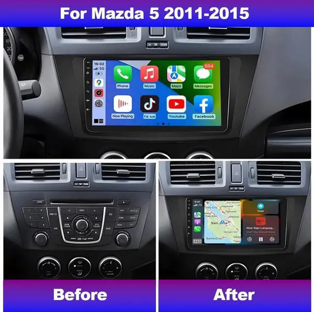Alt view image 4 of 6 - Android 14 Double Din Car Stereo Radio for Mazda 5 2011-2015, 9 inch Touch Screen Car Radio with Wireless Carplay Android Auto Car Stereo GPS Bluetooth FM/RDS AHD Backup Camera SWC, 2+32G
