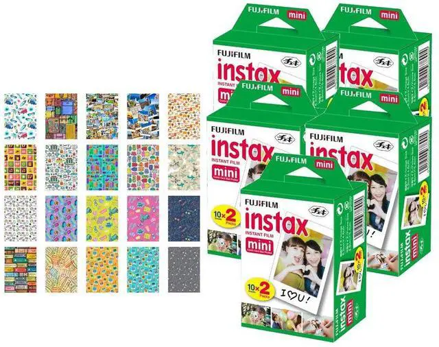 Main image of 5X Fujifilm instax Mini Instant Film (100 Exposures) + 20 Sticker Frames for Fuji Instax Prints Travel Package
