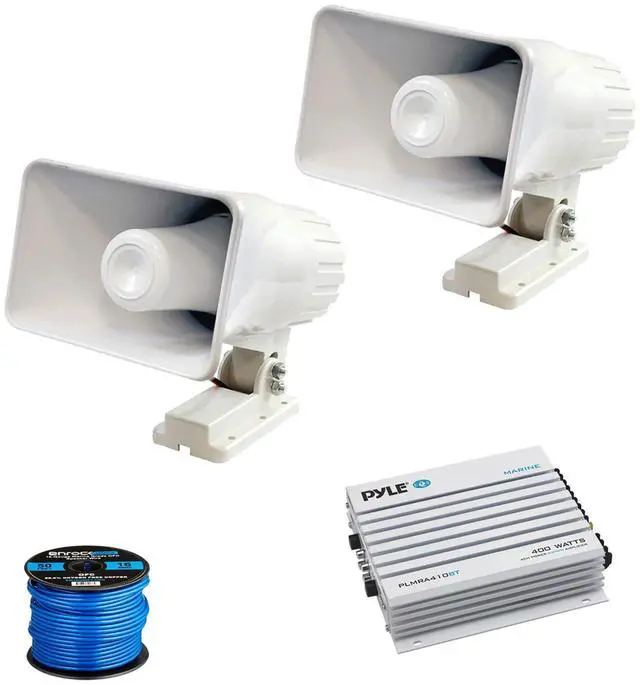 Main image of 2X Pyle 6" 50 Watt Indoor/Outdoor Waterproof Home PA Horn Speakers with Pyle Elite Series Marine Bluetooth 4-Channel Amplifier Grade 50 Foot 16-Gauge Speaker Wire