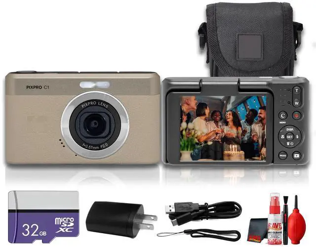 Main image of PIXPRO C1 Compact Digital Camera (Tan), 13MP Point and Shoot Camera for Selfies, Travel, Vlogging and Everyday Photos (C1-TN) + 32GB Card + Camera Bag + Cleaning Kit (7pc Bundle)
