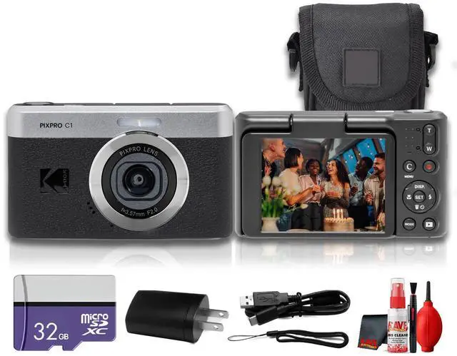 Main image of PIXPRO C1 Compact Digital Camera (Black), 13MP Point and Shoot Camera for Selfies, Travel, Vlogging and Everyday Photos (C1-BK) + 32GB Card + Camera Bag + Cleaning Kit (7pc Bundle)