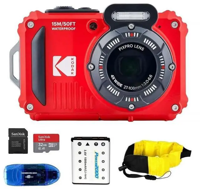 Main image of PIXPRO WPZ2 Waterproof Digital Camera Bundle, Includes: SanDisk 32GB MicroSD Memory Card, Spare Battery and More (5 Items) (Red)