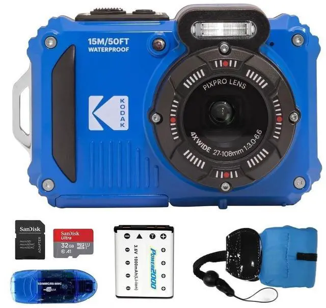 Main image of PIXPRO WPZ2 Waterproof Digital Camera Bundle, Includes: SanDisk 32GB MicroSD Memory Card, Spare Battery and More (5 Items) (Blue)