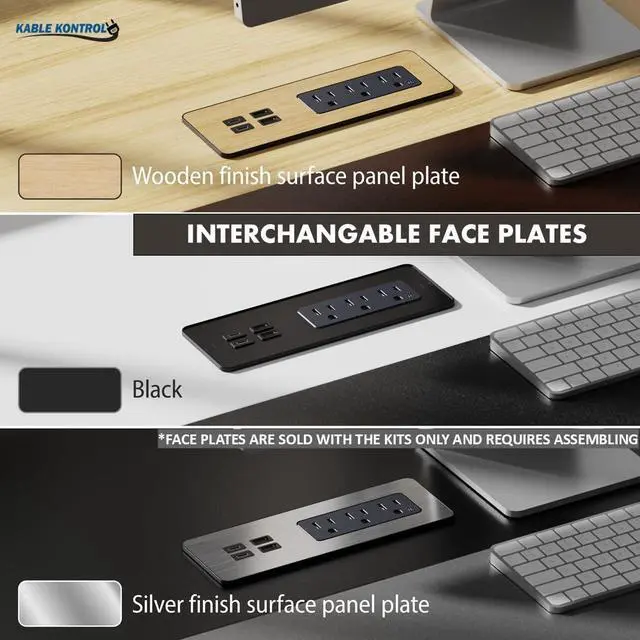 Alt view image 7 of 7 - Recessed Power Strip Kit with Fast Charging 2 PD65W USB-C Ports, 2 USB-A Ports, 3 Power Desk Outlets, Replaceable Silver Finish Panel Plate Flush Mount Charging Station Grommet - 5 Pcs