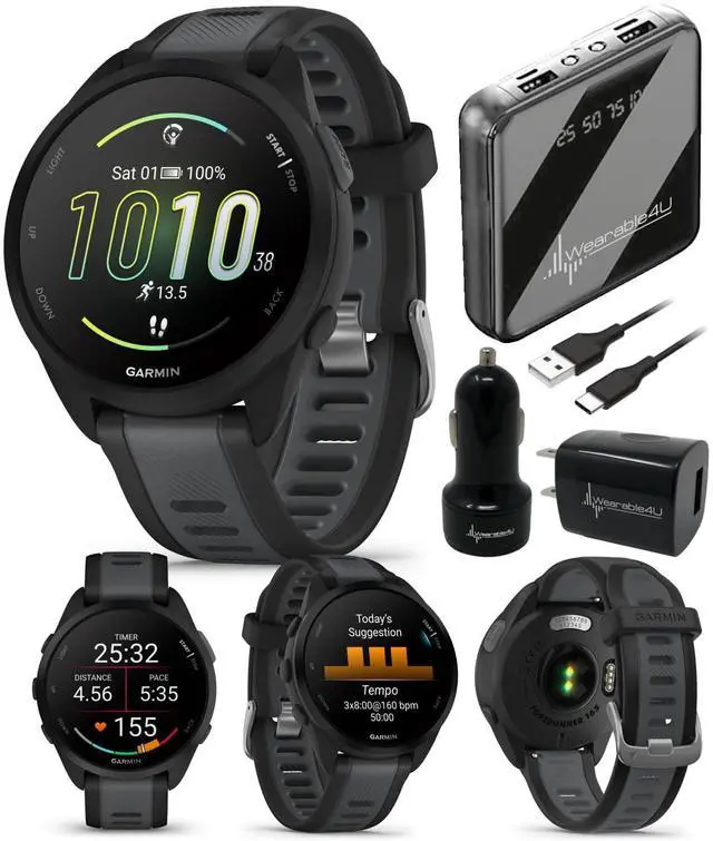 Main image of Garmin Forerunner 165 Running Smartwatch, Colorful AMOLED Touchscreen, Training Metrics and Recovery Insights Includes PowerPack, Adapters Bundle, Black/Slate Gray