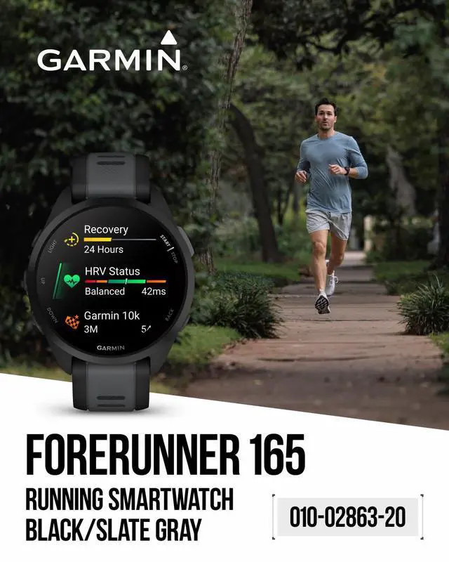 Alt view image 2 of 6 - Garmin Forerunner 165 Running Smartwatch, Colorful AMOLED Touchscreen, Training Metrics and Recovery Insights Includes PowerPack, Adapters Bundle, Black/Slate Gray