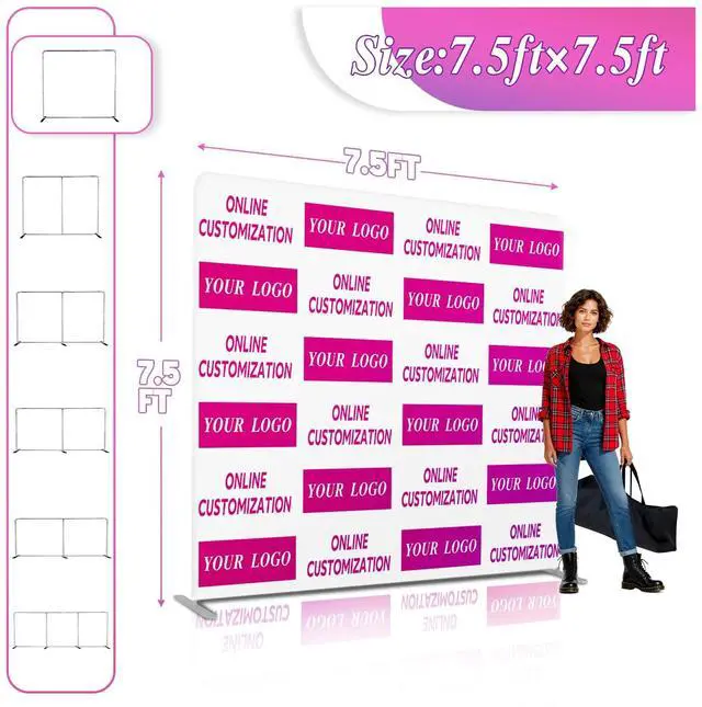 Alt view image 2 of 7 - Custom Tension Fabric Display Backdrop for Trade Show Booth, Step and Repeat Banner Stand for Business, Weddings, Events (Double Sided Print 7.5x7.5 FT)