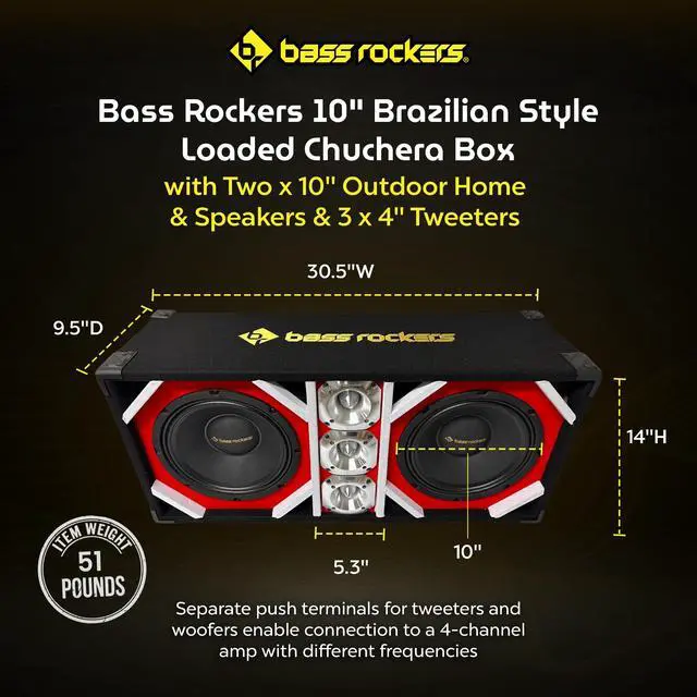 Alt view image 2 of 6 - 10" Brazilian Style Loaded Chuchera Box with Two x 10" Outdoor Home & Speakers & 3 x4 Tweeters 1900W - Best for Car UTV, ATV, Camper, DJ, Pro Audio Use, Party, Disco
