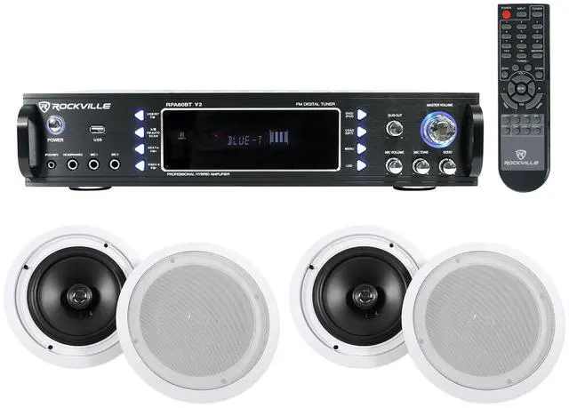 Main image of RPA60BT V2 Commercial Audio Amp with 4 HC85 Ceiling Speakers | 1000W Peak / 250W RMS, Bluetooth, Optical/Coaxial/RCA Inputs, 4 White 8" Ceiling Speakers, Office and Restaurant Use, 5-Items