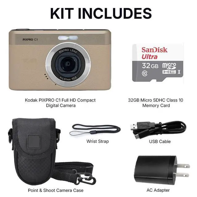 Alt view image 5 of 6 - Kodak PIXPRO C1 Digital Camera, 13MP Compact Point & Shoot, 2.8 180° Flip LCD Screen, 26mm Wide Angle Lens, 4X Digital Zoom, 1080P Full HD Video, Tan + Camera Case & 32GB Micro SD Card