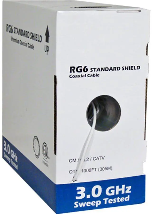 Main image of RG6 Standard Shield Bulk Coaxial Cable, White, 1000ft, 75 Ohm, 18AWG, Solid CCS, AL Foil and 60% AL Braid, CM & CL2 Rated
