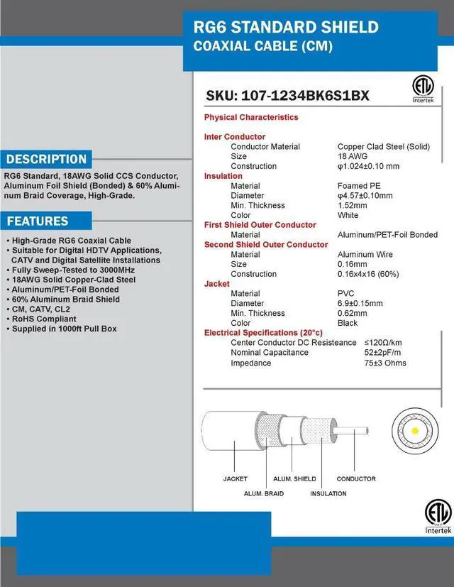 Alt view image 3 of 3 - RG6 Standard Shield Bulk Coaxial Cable, White, 1000ft, 75 Ohm, 18AWG, Solid CCS, AL Foil and 60% AL Braid, CM & CL2 Rated