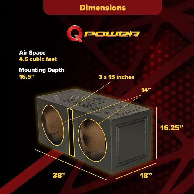 Alt view image 3 of 7 - Q Bomb Series 15" Dual Ported SubwooferSpeaker Enclosure | Vented Sub Box Chamber Design with Black Bed Liner Spray Finish, Car Audio Sound System Accessory