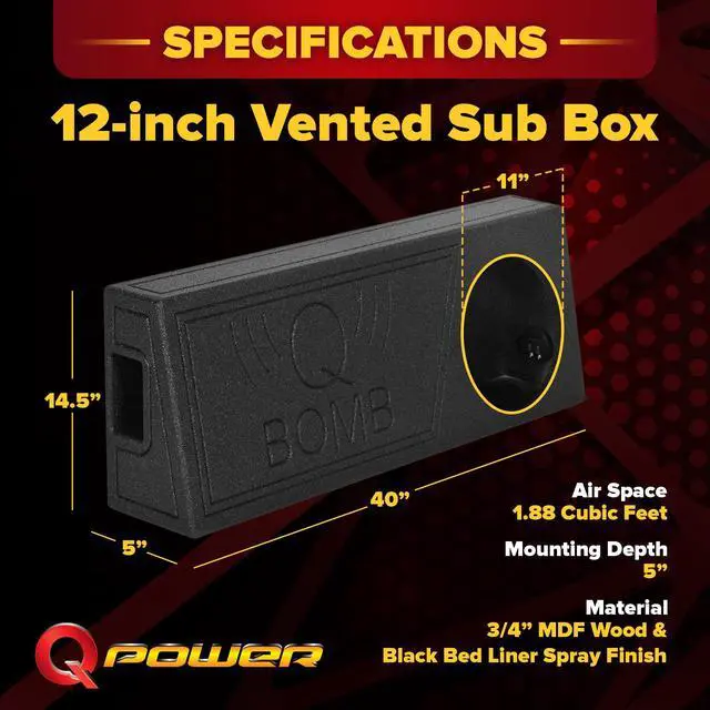 Alt view image 3 of 7 - QBomb Single 12 Inch Vented Subwoofer Sub Box with Black Bedliner Spray