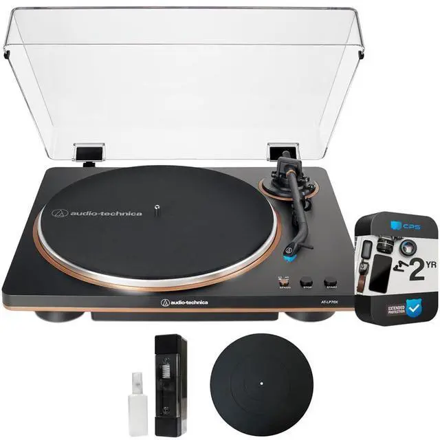 Main image of AT-LP70X-BZ Fully Automatic Belt-Drive Turntable, Black/Bronze Bundle with 2 YR CPS Enhanced Protection Pack, Deco Gear 12" Rubber Platter Mat & Vinyl Record Cleaning Fluid System