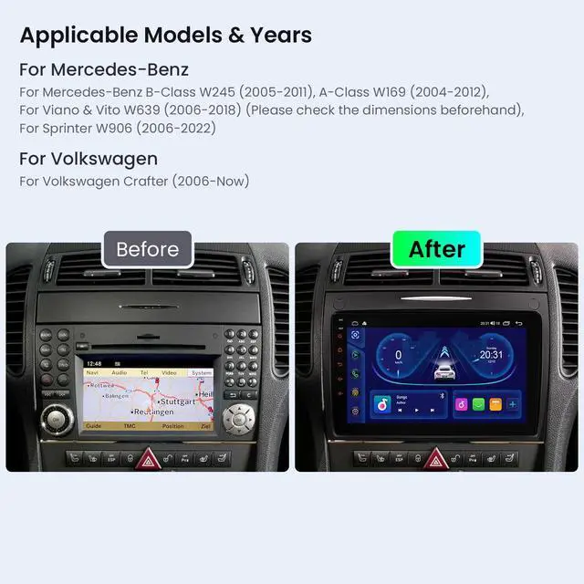 Alt view image 2 of 6 - Android Car Stereo for Mercedes Benz W245 W169 W639 W906, 9 IPS Touch Screen Car Radio GPS Navigation Bluetooth Built-in DSP Head Unit Support Wireless CarPlay Android Auto 4G LTE(4+64GB)