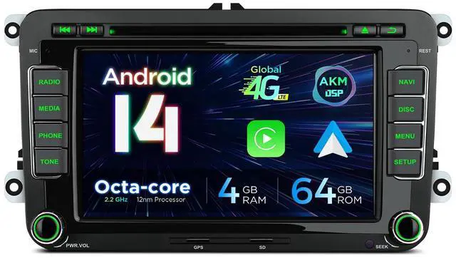 Main image of Android 14 Car Stereo for Volkswagen Skoda SEAT, 7 Inch IPS Touch Screen Head Unit GPS Navigation Bluetooth Built-in DSP Support CarPlay Android Auto 4G LTE DVD TPMS Backup Camera (4+64G)