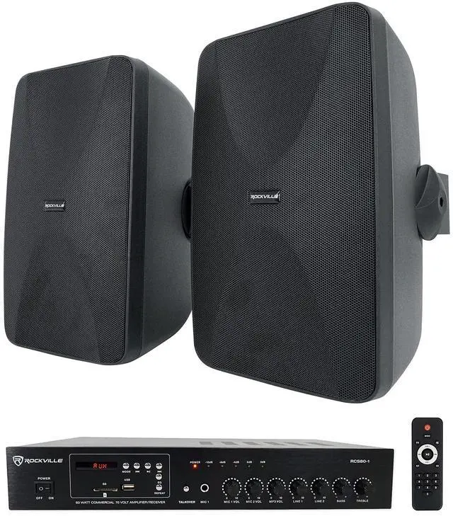 Main image of RCS80-1 Restaurant Bluetooth Amplifier with 2 WET-6525B Speakers | 60W, 70V, USB/SD, FM Tuner, Dual Mic Inputs, 30W/15W/7.5W/3.75W Taps, IPX55 Indoor/Outdoor, 6.5" Black Wall Speakers, 3-Items