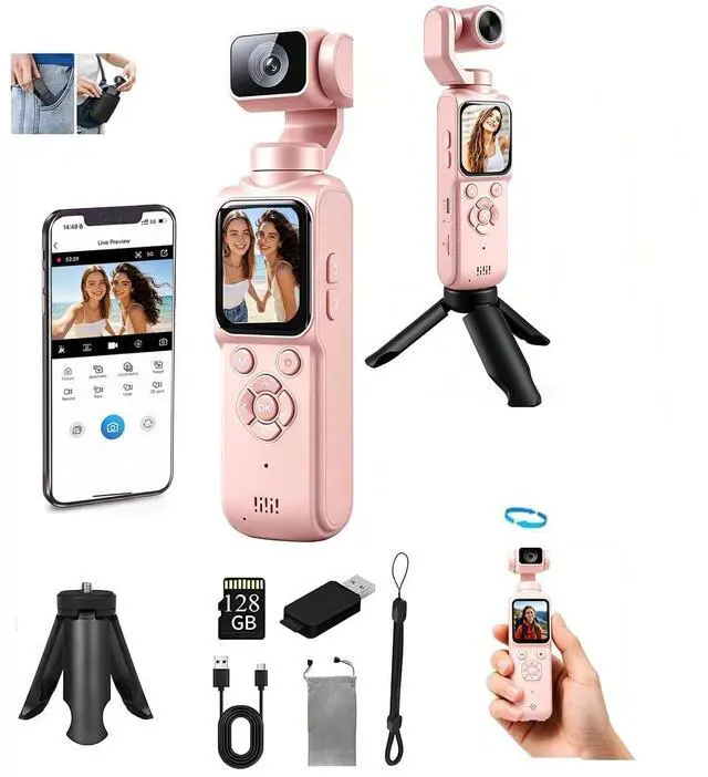 Main image of 4K Handheld Vlogging Camera with WiFiOutdoor Pocket Gimbal Camera,Handheld Video Camcorder with Audio & Video Recording, 330 Rotating Lens,Fast Focusing,Tracking for Travel and vlog (pink,128g)