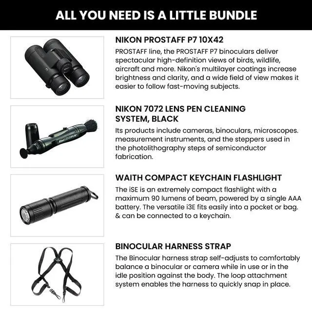 Alt view image 2 of 4 - PROSTAFF P7 Binocular 10x42 with Lens Pen, Harness & Flashlight Kit | Bundle Includes harness strap, lens pen cleaning system, and flashlight. Ideal for bird watching, travel, and outdoor use