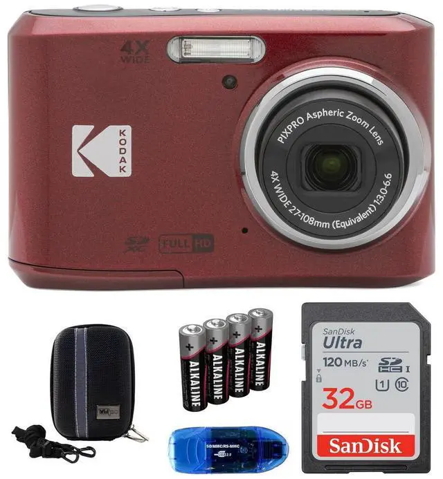 Main image of Pixpro FZ45 Digital Camera Bundle, Includes: SanDisk 32GB Memory Card, Spare Batteries, Hard Shell Camera Case and Card Reader (5 Items) (Red)