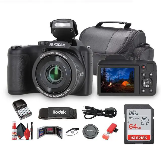 Main image of Pixpro AZ255 Digital Camera (AZ255BK) Bundle Including: 64 GB Memory Card, Rechargeable Batteries, Case, Neck Strap, Lens Caps, Full Cleaning Kit, Card Reader, Card Wallet, USB Cable, Cap Keeper