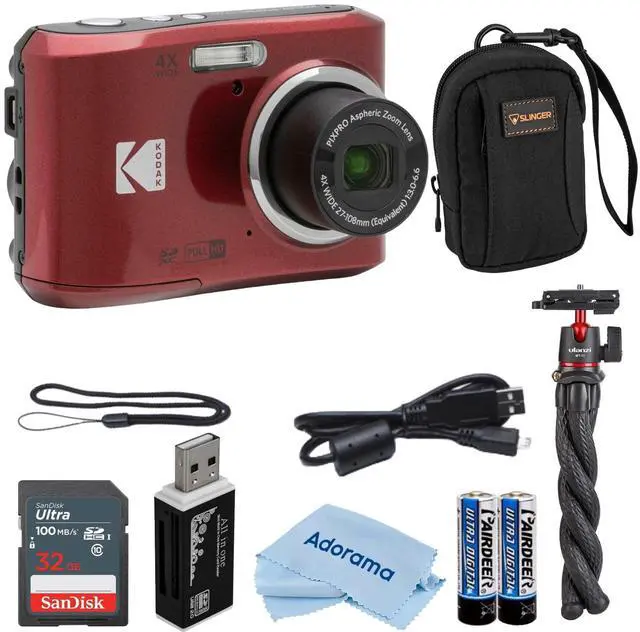 Main image of PIXPRO FZ45 Friendly Zoom 16MP Full HD Digital Camera, Bundle with 32GB Memory Card and Camera Bag, Flexible Tripod, and Card Reader (Red)