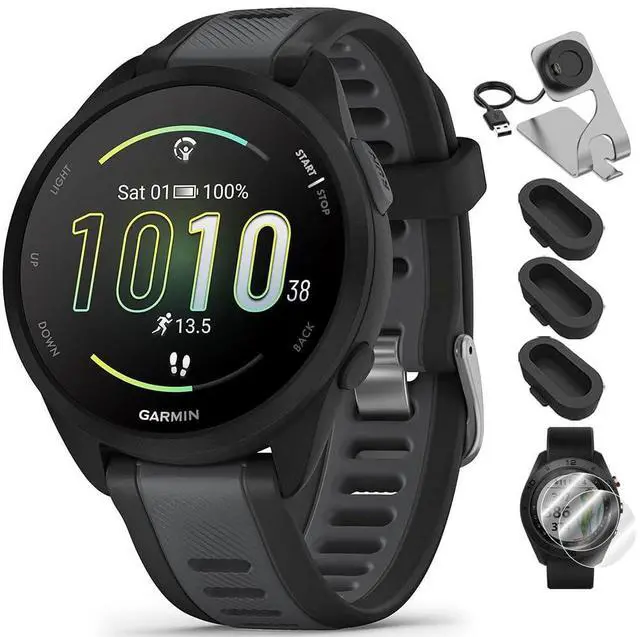Main image of 010-02863-20 Forerunner 165 Smart Sport Watch Black + Slate Gray Bundle with Deco Essentials Charging Dock, Silicone Dust Cover 3 Pack and Screen Protector for 1.2 inch 2 Pack