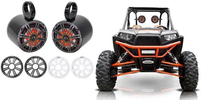 Main image of (2) 45KM654L 6.5" 390w Marine LED Speakers w/Charcoal with White Grilles KM65 Bundle with 2 Rockville MAC65B 6.5" Black Aluminum Wakeboard Tower Speaker Pod Enclosures