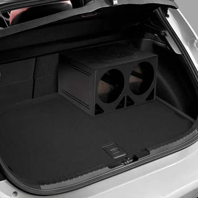 Alt view image 4 of 7 - Dual 10 Inch Vented Triangle Ported Wood Subwoofer Enclosure Box with Durable Bedliner Spray and Spring Loaded Terminals, Black
