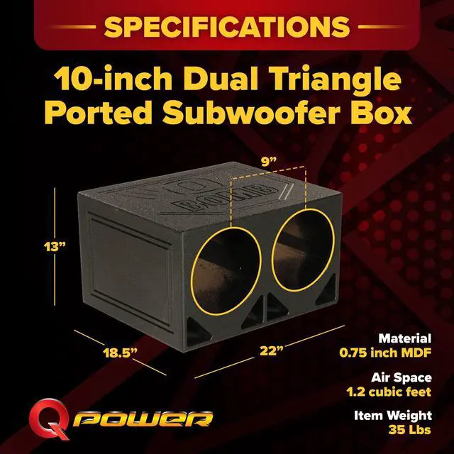 Alt view image 3 of 7 - Dual 10 Inch Vented Triangle Ported Wood Subwoofer Enclosure Box with Durable Bedliner Spray and Spring Loaded Terminals, Black