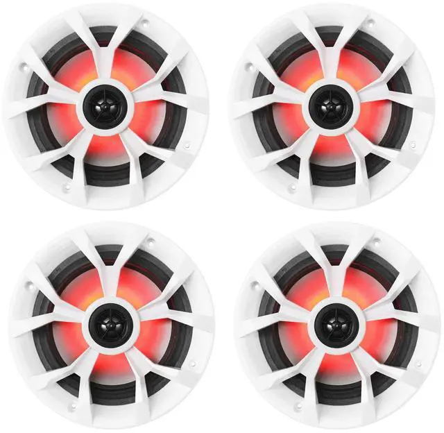 Main image of RKL65MBW 6.5" 2-Way Coaxial Marine Boat LED Speakers, 2-Pair | 700W Peak / 170W RMS, 4 Ohm, Waterproof, Red/Blue Beat-Sync LEDs, 35Hz-20kHz, Includes Black/White Grilles and 16.4 Ft Wire