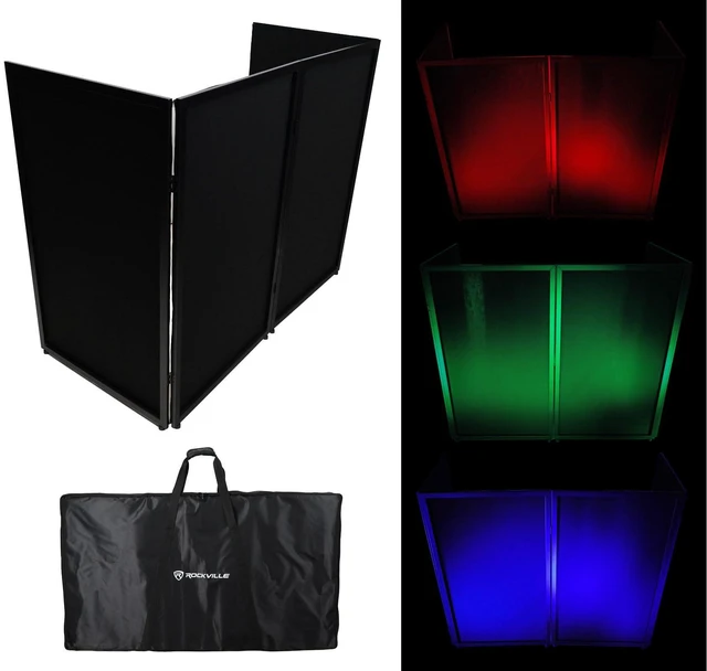 Main image of RFXLB Black Portable DJ Facade, 112" x 48" Steel Frame Booth Includes Carry Bag, White Lycra Scrims, 4 Foldable Panels, Fire-Retardant, Rubber Feet and Spikes, Quick Setup