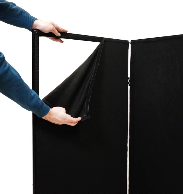 Alt view image 3 of 7 - RFXLB Black Portable DJ Facade, 112" x 48" Steel Frame Booth Includes Carry Bag, White Lycra Scrims, 4 Foldable Panels, Fire-Retardant, Rubber Feet and Spikes, Quick Setup
