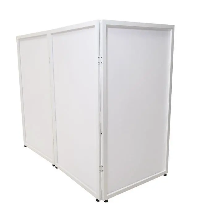 Alt view image 3 of 7 - RFXLW White Portable DJ Facade, 112" x 48" Steel Frame Booth | Includes Carry Bag, White Lycra Scrims, 4 Foldable Panels, Fire-Retardant, Rubber Feet and Spikes, Quick Setup