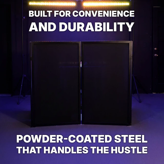 Alt view image 7 of 7 - RFXLB Black Portable DJ Facade, 112" x 48" Steel Frame Booth Includes Carry Bag, White Lycra Scrims, 4 Foldable Panels, Fire-Retardant, Rubber Feet and Spikes, Quick Setup