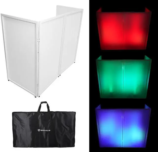 Main image of RFXLW White Portable DJ Facade, 112" x 48" Steel Frame Booth | Includes Carry Bag, White Lycra Scrims, 4 Foldable Panels, Fire-Retardant, Rubber Feet and Spikes, Quick Setup
