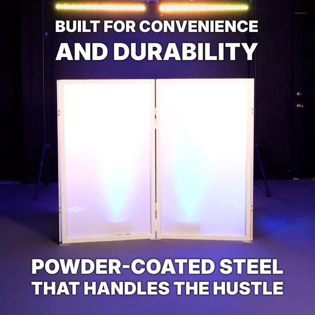 Alt view image 7 of 7 - RFXLW White Portable DJ Facade, 112" x 48" Steel Frame Booth | Includes Carry Bag, White Lycra Scrims, 4 Foldable Panels, Fire-Retardant, Rubber Feet and Spikes, Quick Setup