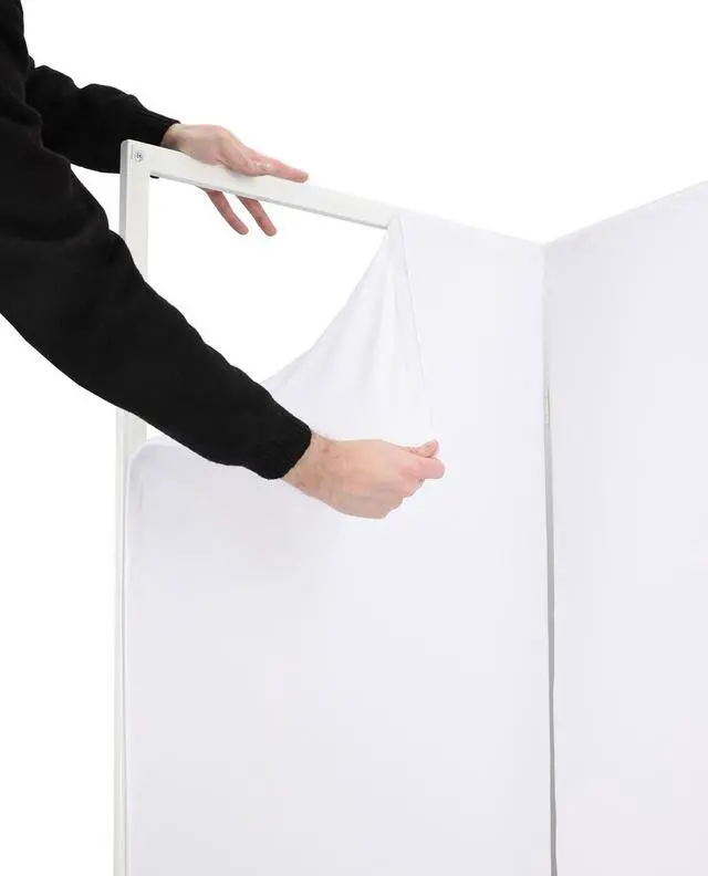 Alt view image 4 of 7 - RFXLW White Portable DJ Facade, 112" x 48" Steel Frame Booth | Includes Carry Bag, White Lycra Scrims, 4 Foldable Panels, Fire-Retardant, Rubber Feet and Spikes, Quick Setup