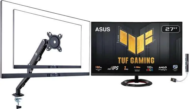 Main image of TUF Gaming 27" FHD IPS Monitor with 1ms Response Time, Built-in Speakers, Anti-Glare, Flicker Free, AMD FreeSync, 180Hz, Displayport, HDMI, Black Color w/DKZ Hub & ErgoFlexy Single Mount Arm