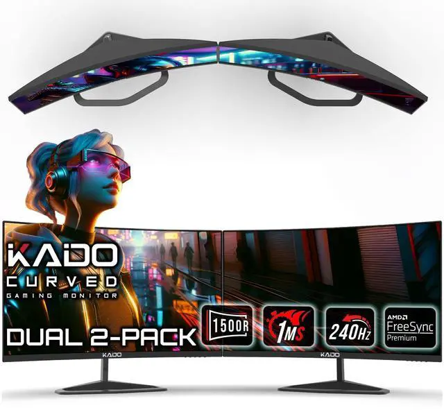 Main image of 2-Pack 24.5" 240Hz 1ms Curved 1500R 1920x1080 Gaming Computer Monitor | AMD FreeSync Premium, Panoramic Gaming Multi-View Split Screen Streaming, VESA Mount HDMI DisplayPort Built-in Speakers