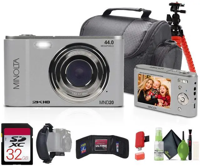 Main image of MND20 44 MP / 2.7K Quad HD Digital Camera (Silver) + 32GB Memory Card + 12 inch Flexible Tripod + Memory Card Wallet + USB Card Reader, SD/microSD + More
