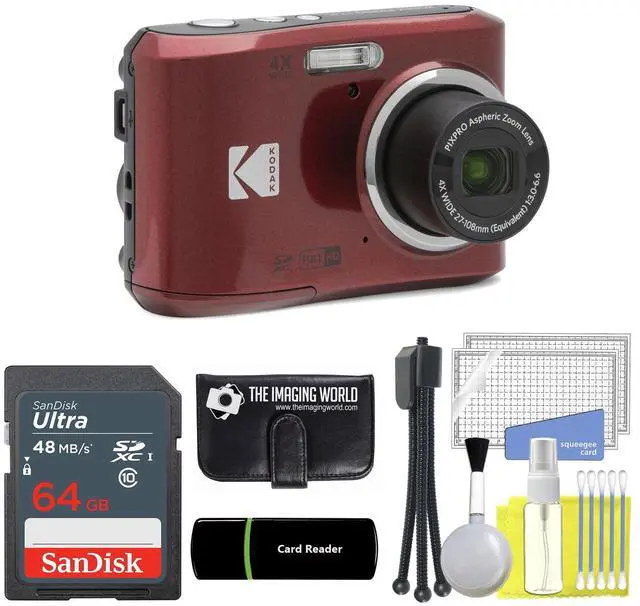 Main image of Kodak PIXPRO FZ45 16MP Digital Camera 4X Optical Zoom 27mm Wide Angle 1080P Full HD Video 2.7" LCD Camera (Red) + 64GB Card and Reader + Memory Wallet + Tripod + Cleaning Bundle